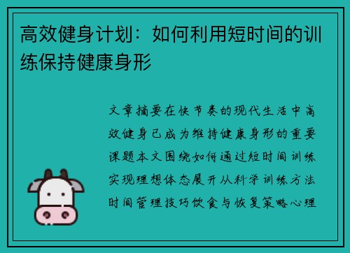 高效健身计划：如何利用短时间的训练保持健康身形