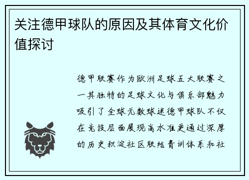 关注德甲球队的原因及其体育文化价值探讨